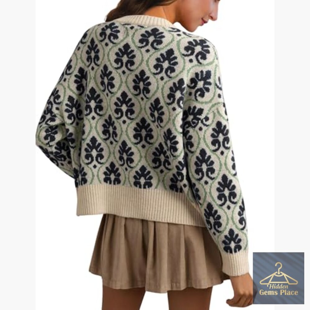 Floral Cardigan Sweater Open Front Long Sleeve Button Down Knit Vintage - Picture 4 of 7